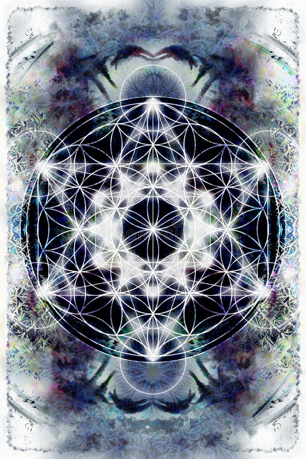 Merkaba e flor claros da vida no fundo abstrato da cor Geometria sagrado ilustração royalty free Merkaba e flor claros da vida no fundo abstrato da cor Geometria sagrado ilustração royalty free
