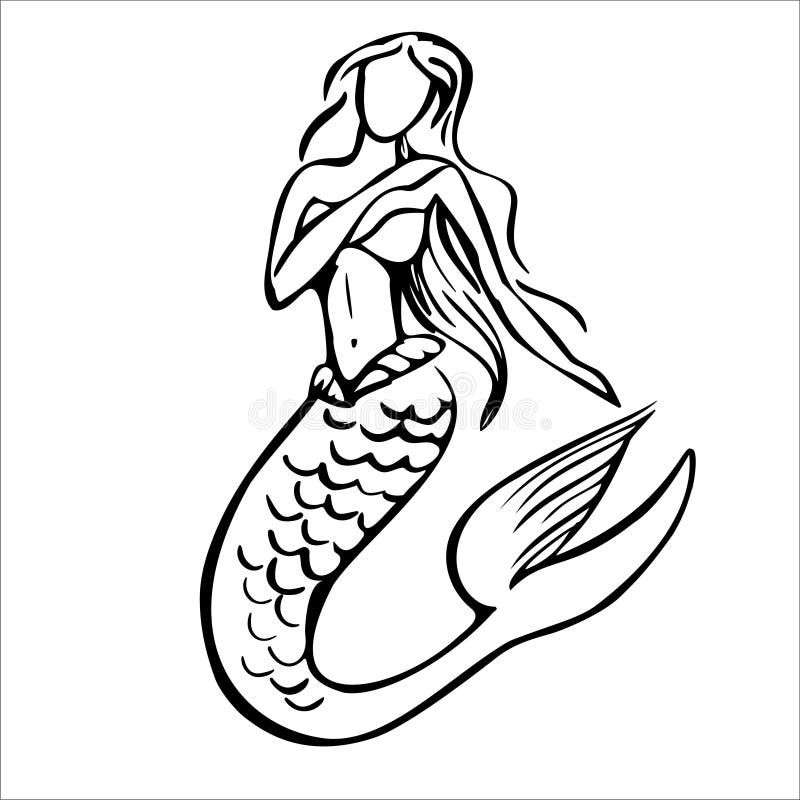 Mermaid Black Line Sketch on White Background. Fary Tale Underwater ...