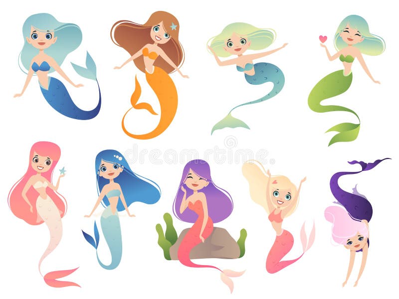 Mermaid Characters. Teen Swimming Mystical Phantasy Princess Underwater  Woman Vector Cartoon Mascot Stock Vector - Illustration of hair, drawing:  141029896