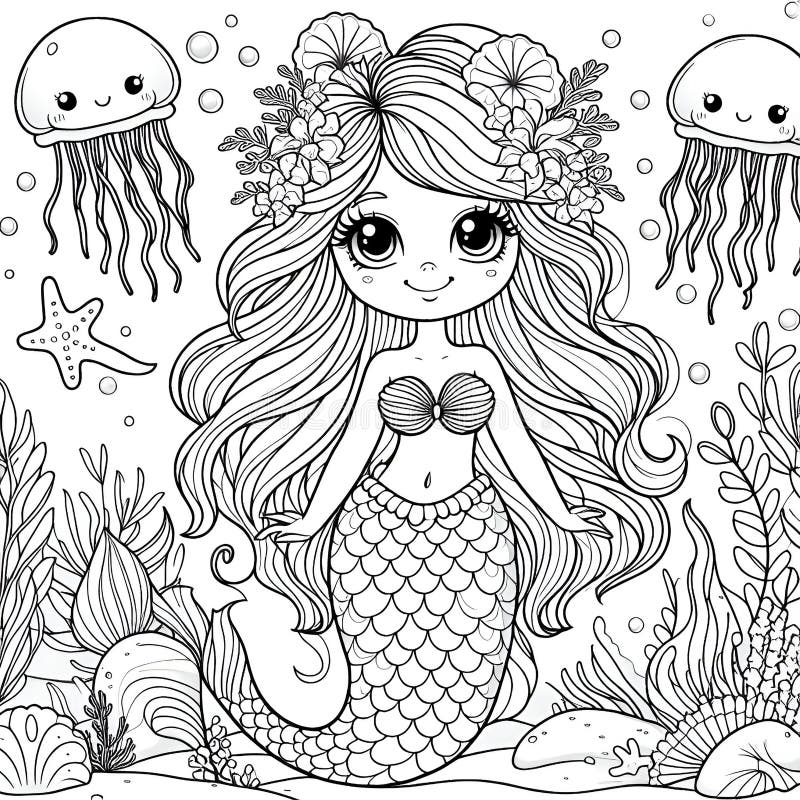 Mermaid Coloring Book Page, Line Art Stock Illustration - Illustration ...