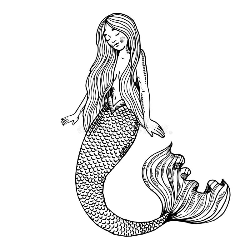 Young beauty mermaid fabulous woman creature engraving vector illustration. Scratch board style imitation. Black and white hand drawn image. Young beauty mermaid fabulous woman creature engraving vector illustration. Scratch board style imitation. Black and white hand drawn image.