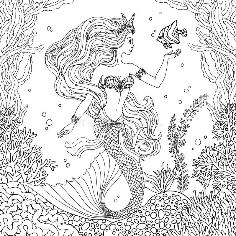 Mermaid With Fish Undersea Hand Drawn Vector Illustration On A White