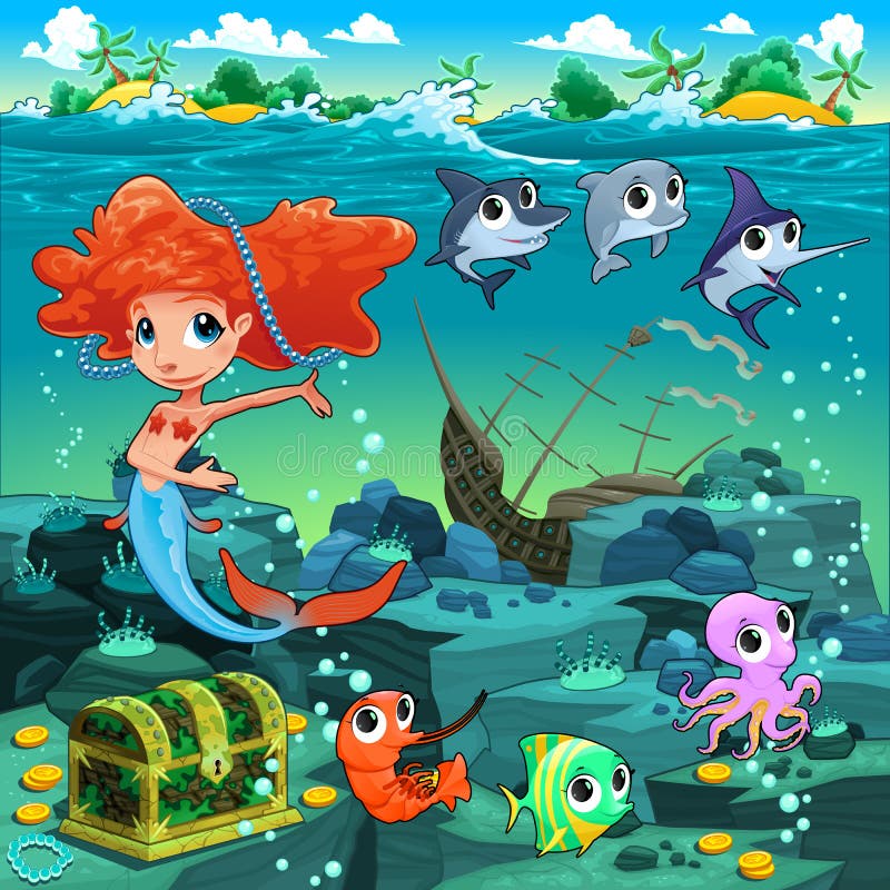 Mermaid with funny animals on the sea floor. Cartoon vector illustration.