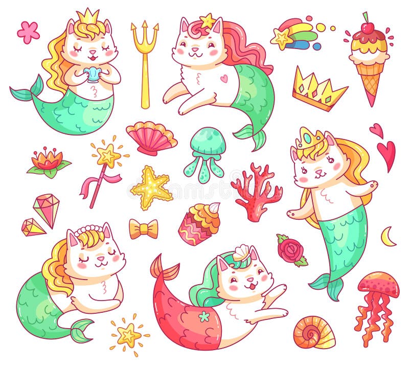 Mermaid kitty cat cartoon characters. Underwater cats mermaids vector set