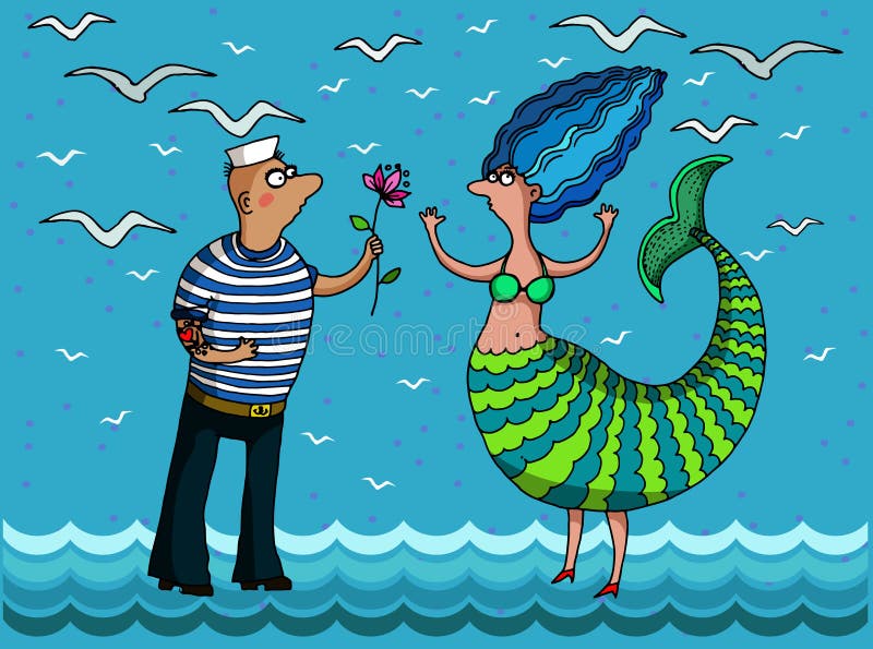 Mermaid and sailor royalty free illustration.