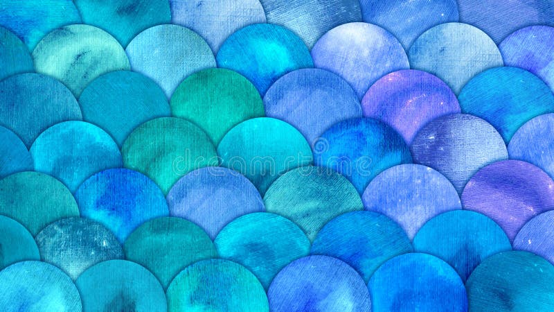 Mermaid Scales Watercolor Fish squame background. Bright summer blue sea pattern with reptilian scales abstract