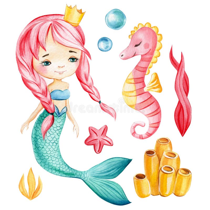 Mermaid, seahorse, bubbles on an isolated white background. Watercolor summer marine clipart. High quality illustration