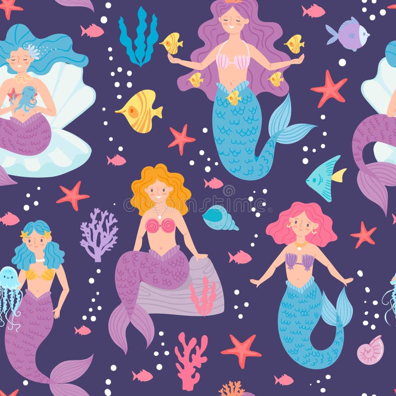 Mermaid Seamless Pattern. Cute Little Princesses, Siren and Sea Creatures Underwater  World Wallpaper, Fabric Print Stock Vector - Illustration of ornament,  fashion: 186734418