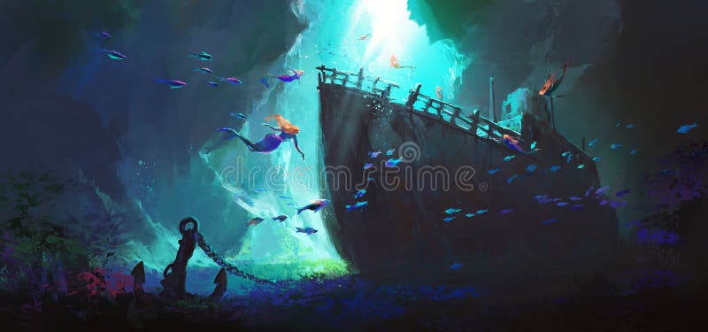 Mermaid surrounds the sunken ship at the bottom of the sea.