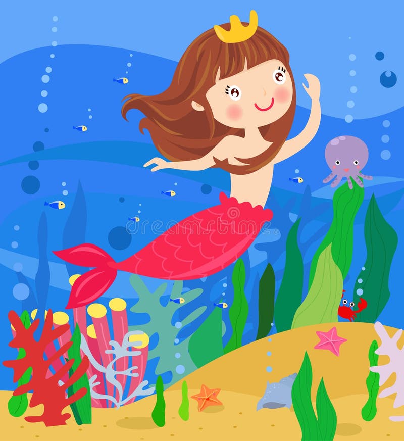 Mermaid Aquarium Background Sticker Illustration of Cute Little Mermaid on top of a Big Wave in the Surf with Fish Kids Underwater World Backdrop Aquarium Corals Photography Multicolor L48 X H24 Inch