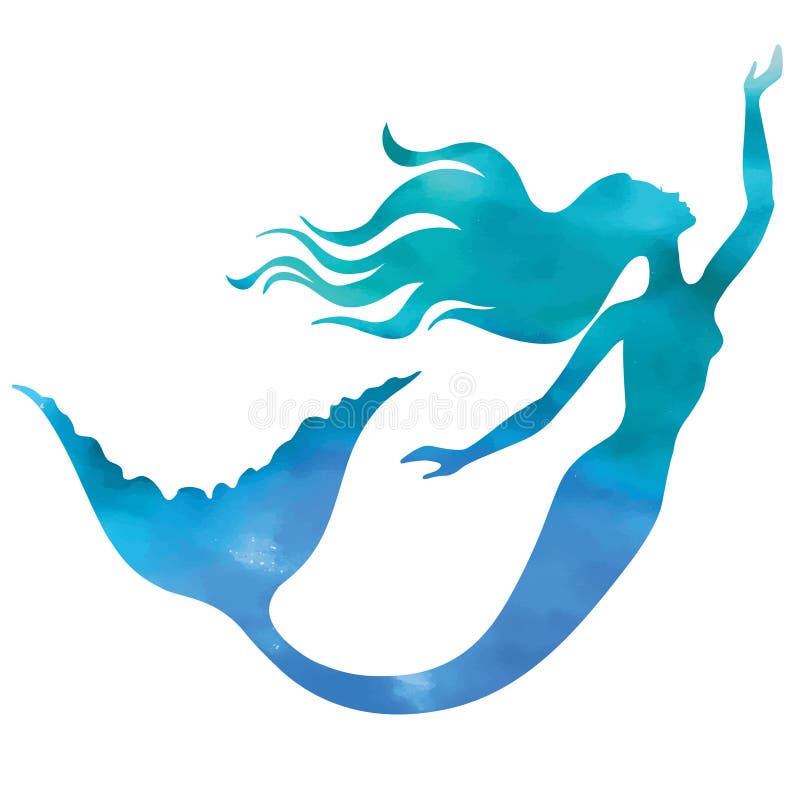 Mermaid swimming, watercolor vector silhouette illustration. 