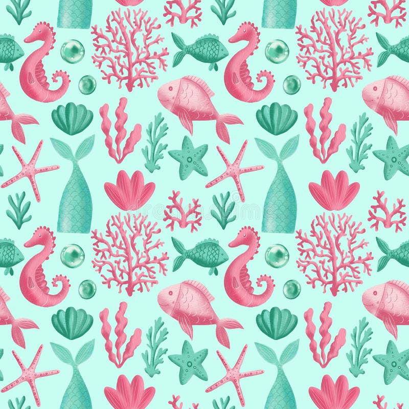 Mermaid tail, seahorse, fish and corals watercolor illustration. Seamless pattern. High quality illustration