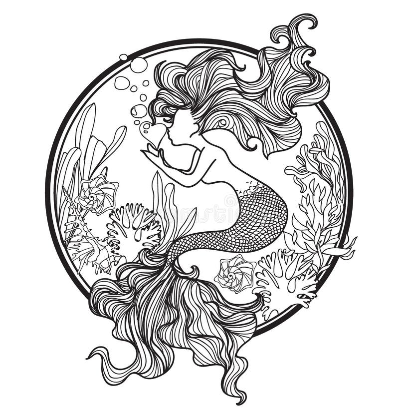 Tattoo Art Mermaid Hand Drawing And Sketch Black And White With Line Art  Illustration Isolated On White Background Royalty Free SVG Cliparts  Vectors And Stock Illustration Image 134058632