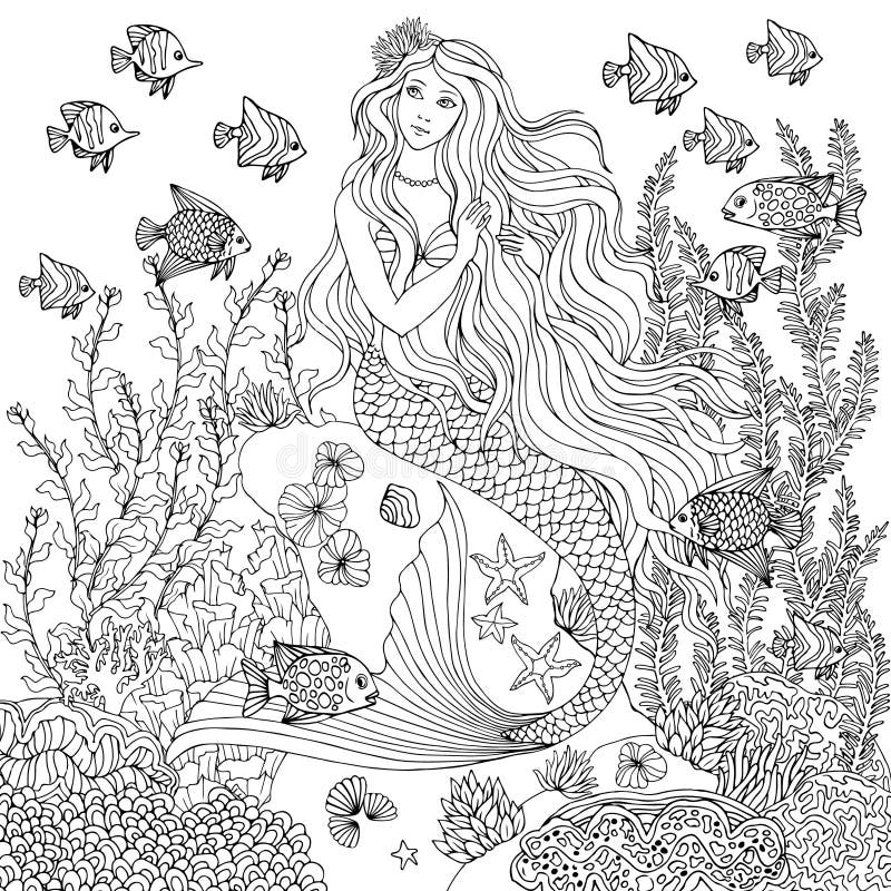 Mermaid Undersea, Hand Drawn Linen Vector Illustration Stock Vector ...