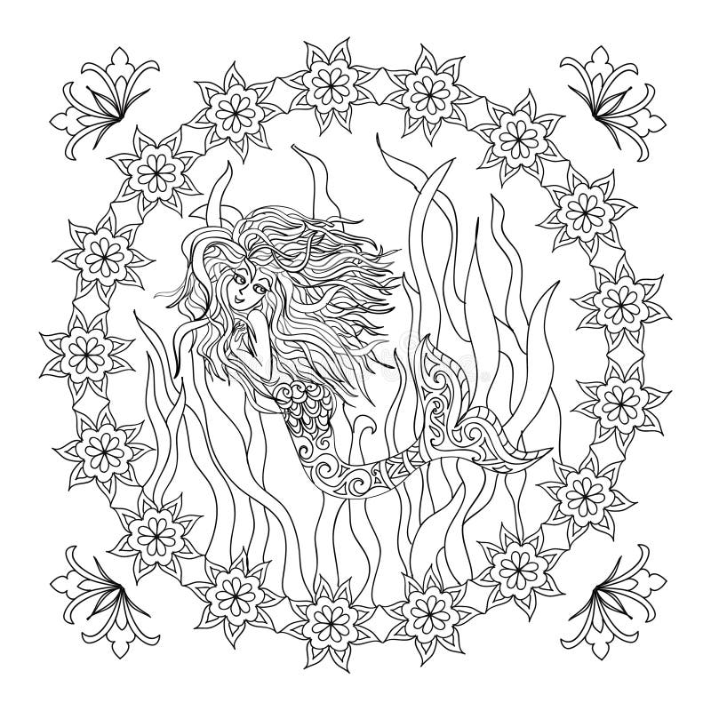 Mermaid Zentangle Coloring Page Stock Illustration - Image: 63492293