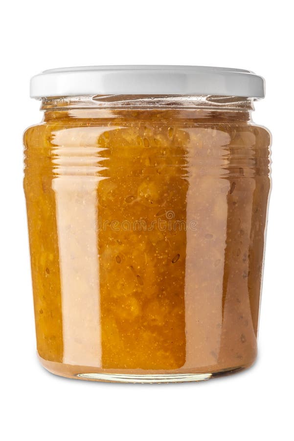Mermelada de gooseberry en frasco de vidrio aislado en blanco con sendero de recorte incluido