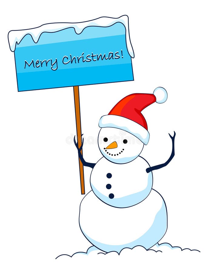 Cute smiling snowman with iced notice board with merry christmas text isolated on white background.