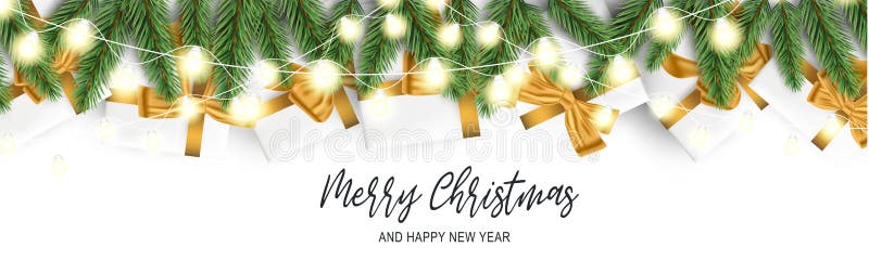 Merry Christmas banner or header. Realistic luxurious winter holiday design - white presents boxes with golden ribbon and bow