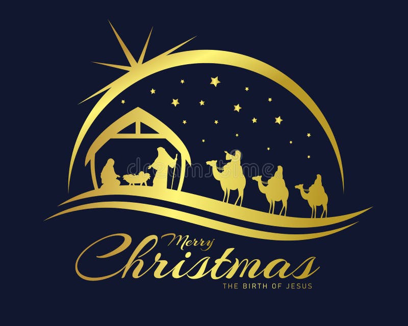 Merry christmas the birth of jesus banner with gold Nativity of Jesus scene and Three wise men go for the star of Bethlehem vector design