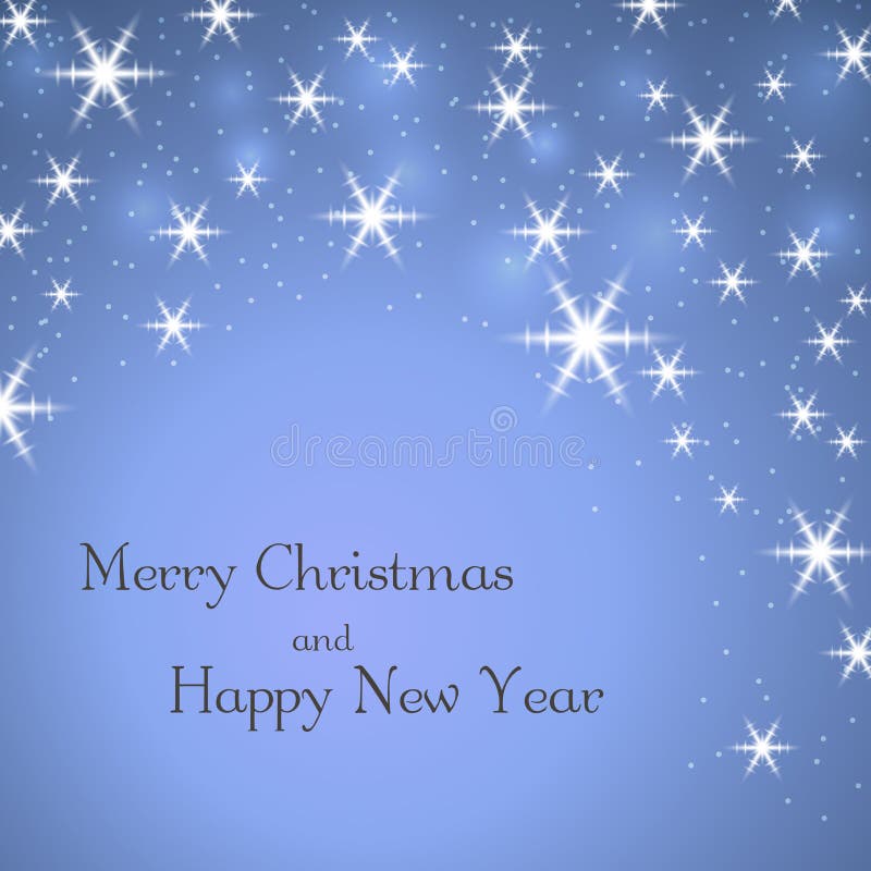 Merry Christmas blue background with text. Stars, white winter snowflakes. Light xmas card. Happy New Year celebration vector illustration Merry Christmas blue background with text. Stars, white winter snowflakes. Light xmas card. Happy New Year celebration vector illustration