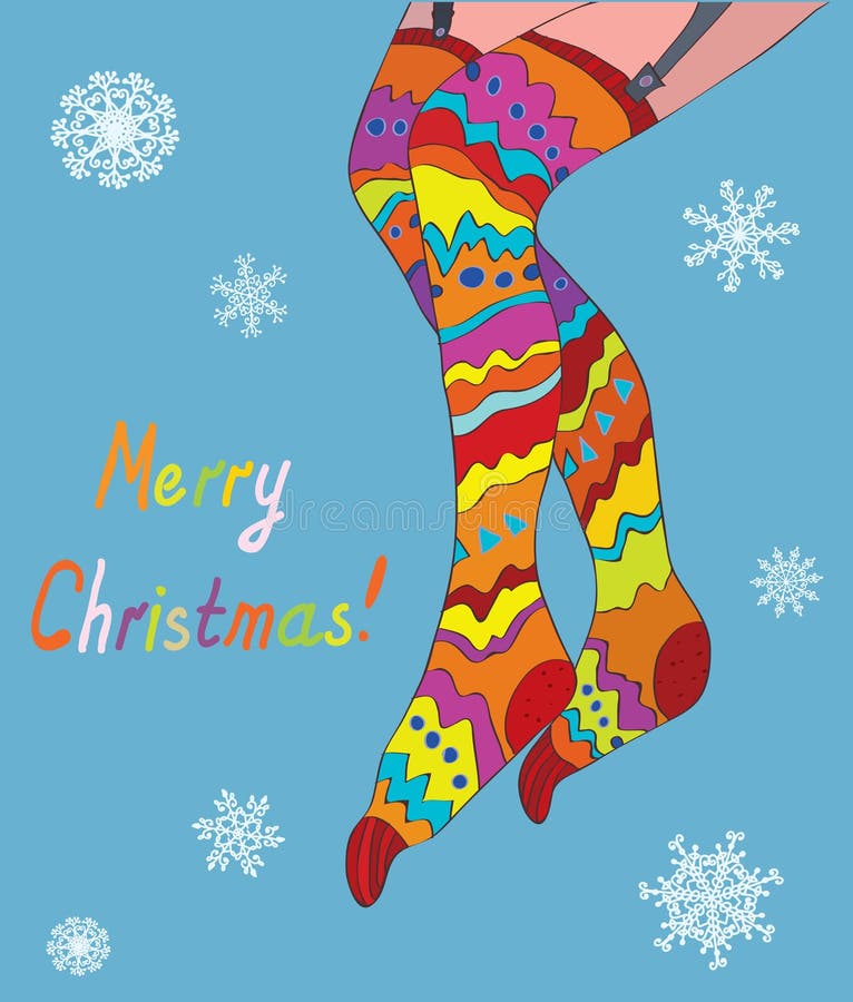 Merry christmas card with girl legs in stockings and snow