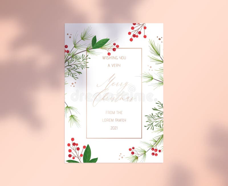 Merry Christmas Card with Gold Typography, Botanical Floral Design of Holly Berries and Green Plant on White Paper Sheet