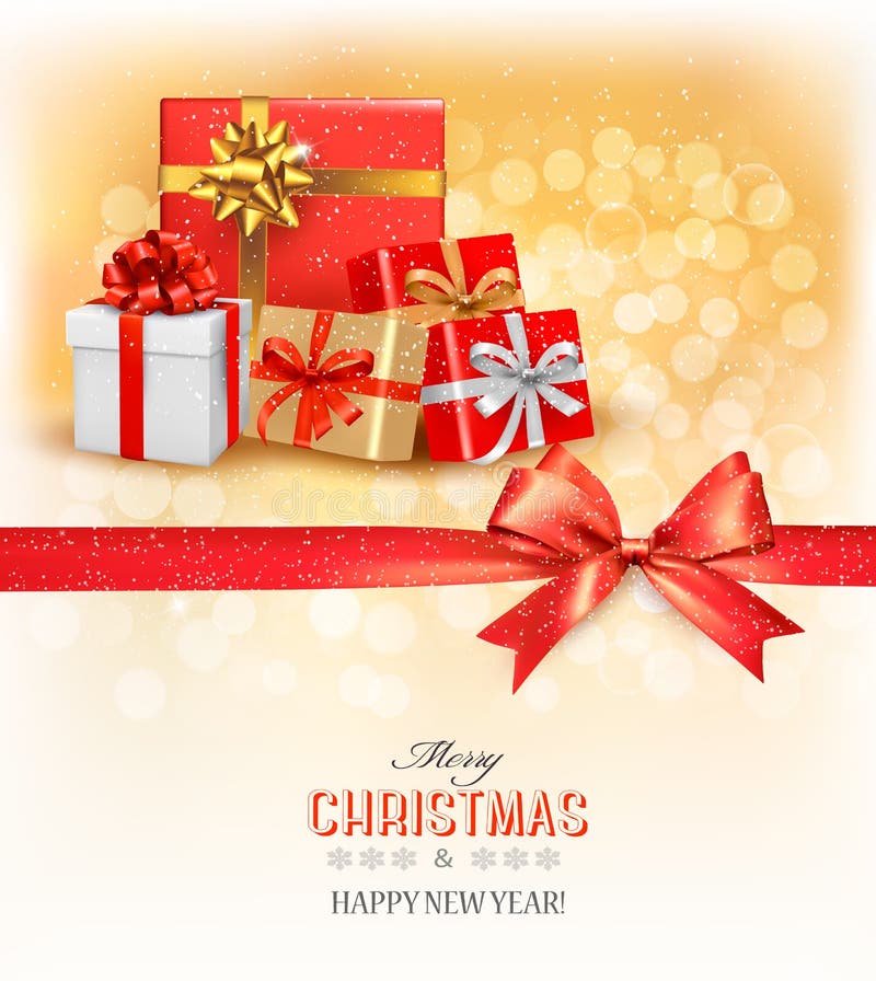 Merry Christmas card with a ribbon and gift boxes.