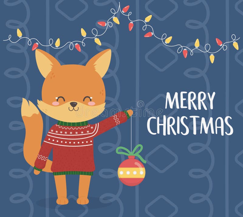 Merry christmas celebration cute fox with sweater holding ball and lights decoration