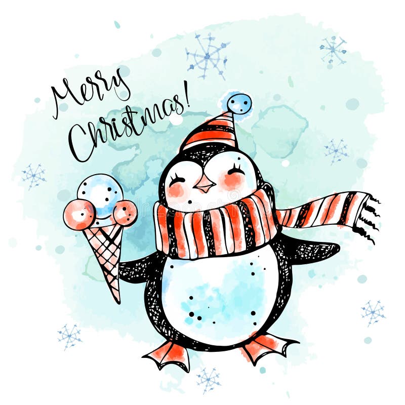 Merry Christmas. A cheerful penguin in a hat and scarf with ice cream. New Year&x27;s card. Watercolor graphics. Vector.