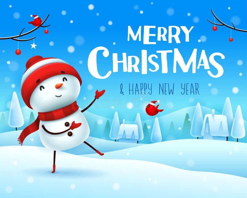 Merry Christmas! Cheerful snowman greets in Christmas snow scene winter landscape