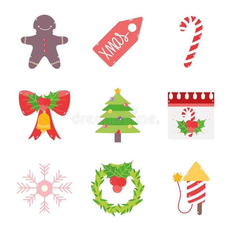 Merry Christmas Decoration Ornament Icons Set Stock Vector