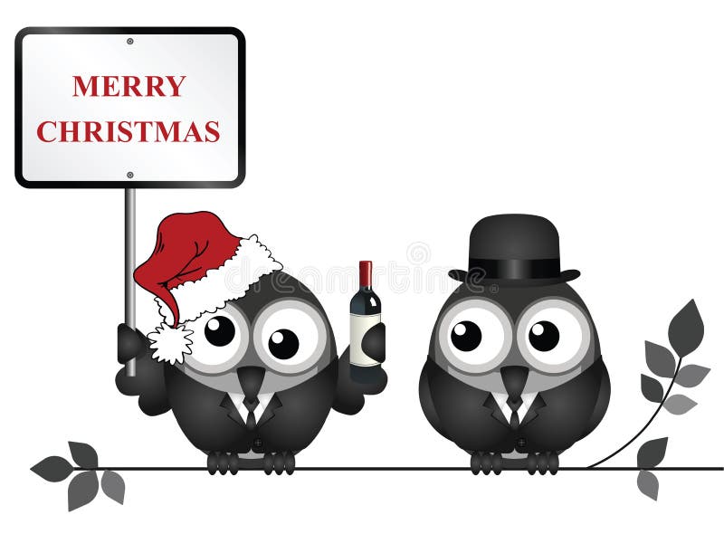 Drunken bird reveller at the office party with Merry Christmas sign perched on a branch isolated on white background