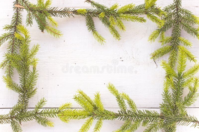Merry Christmas Frame with Pine Tree Needles on White Stock Photo