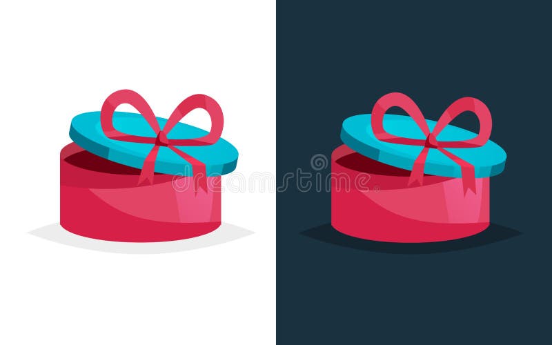 Festive gift in round box with colored pattern and ribbon.