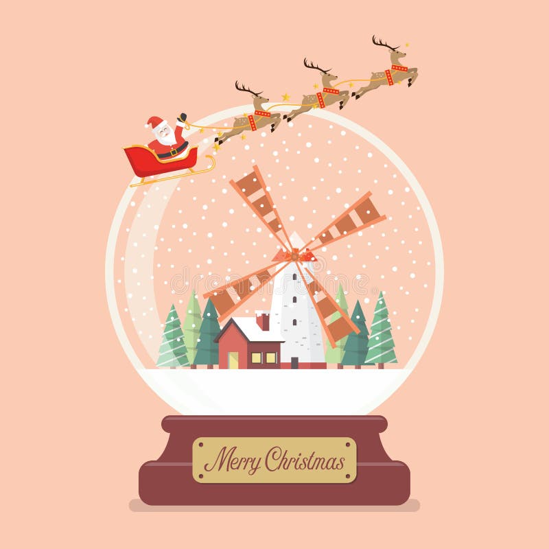 Merry christmas glass ball with Santa sleigh and winter rural