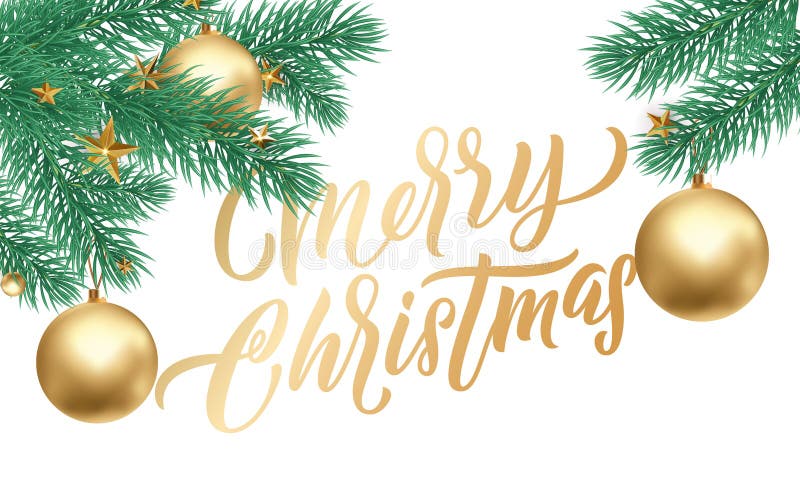 Merry Christmas golden calligraphy lettering Xmas gold stars decoration. Vector Xmas tree ornaments on white background