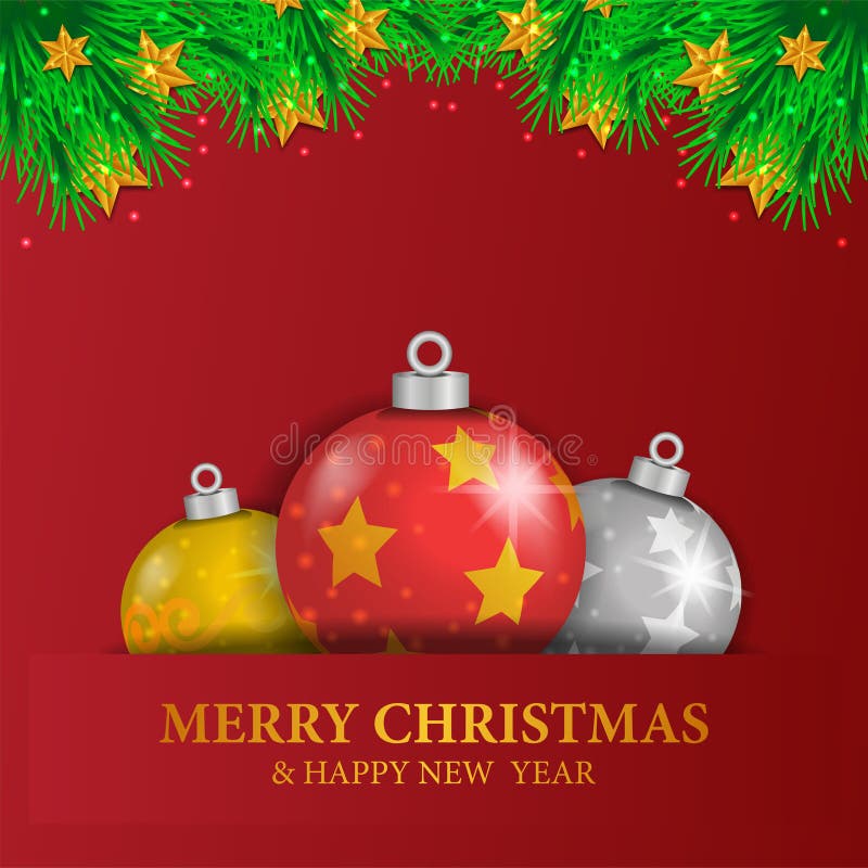Merry christmas greeting card banner design with 3D sphere bauble ball and fir leaves garland and red background vector illustration Merry christmas greeting card banner design with 3D sphere bauble ball and fir leaves garland and red background vector illustration