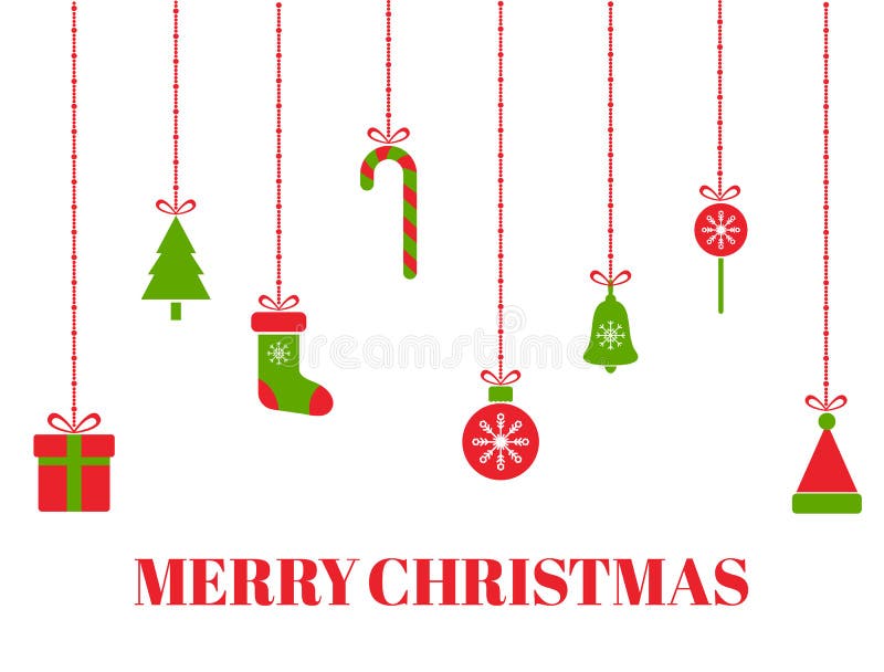 Merry Christmas greeting card with hanging christmas toys, tree, gift boxes, snowflakes, xmas balls, santa hat, bell vector illustration Merry Christmas greeting card with hanging christmas toys, tree, gift boxes, snowflakes, xmas balls, santa hat, bell vector illustration