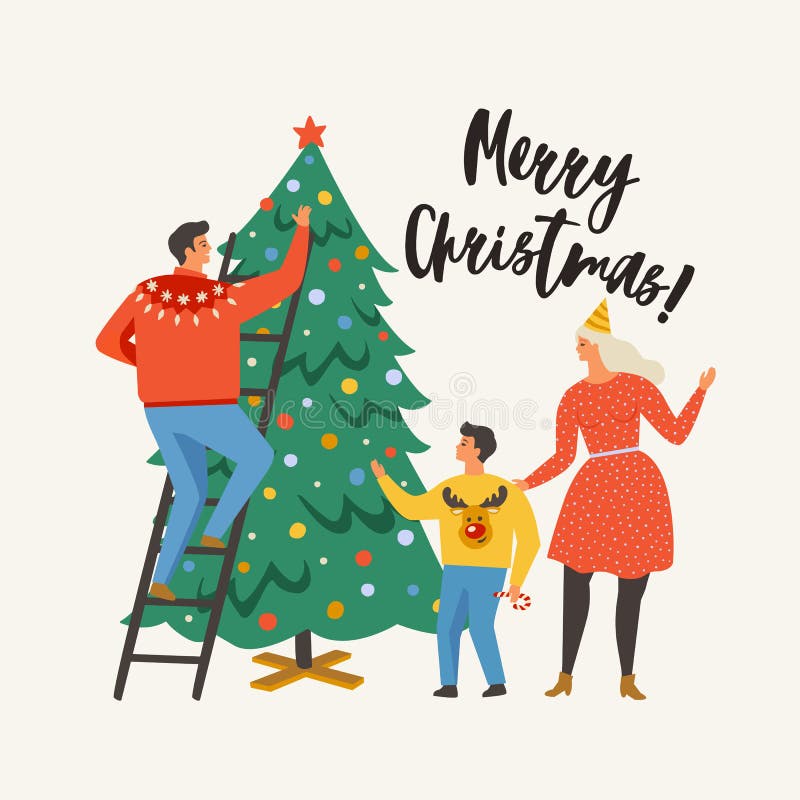Merry Christmas greeting card with people. Family decorating a fir tree. Xmas winter poster collection. royalty free illustration Merry Christmas greeting card with people. Family decorating a fir tree. Xmas winter poster collection. royalty free illustration