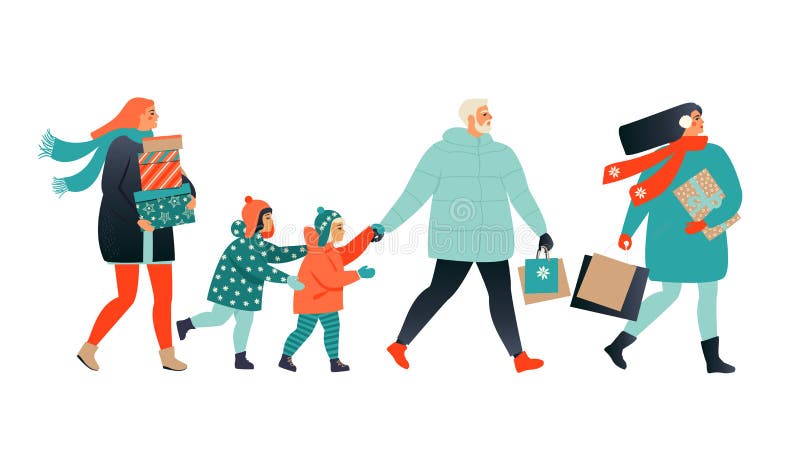 Merry Christmas greeting card with people walking and carrying present boxes. Xmas winter poster collection. vector illustration Merry Christmas greeting card with people walking and carrying present boxes. Xmas winter poster collection. vector illustration