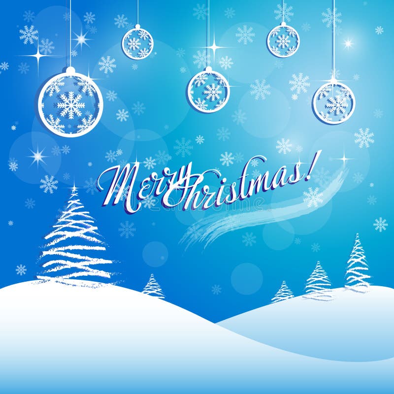 Merry Christmas greeting card with snowflakes and balls