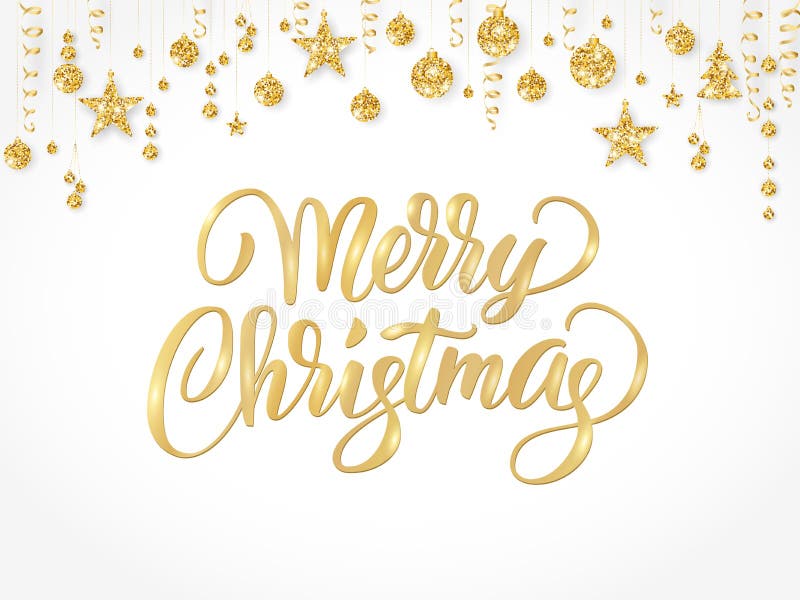 Merry Christmas hand written lettering. Golden glitter border, garland