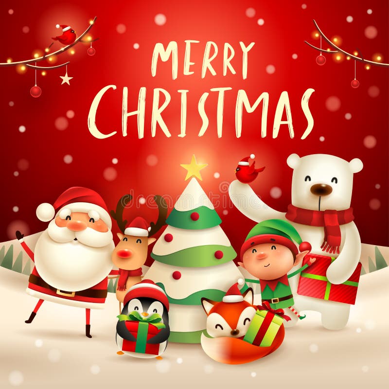 Merry Christmas! Happy Christmas companions. Santa Claus, Reindeer, Elf, Polar Bear, Fox, Penguin and Red Cardinal Bird in Christ royalty free illustration Merry Christmas! Happy Christmas companions. Santa Claus, Reindeer, Elf, Polar Bear, Fox, Penguin and Red Cardinal Bird in Christ royalty free illustration