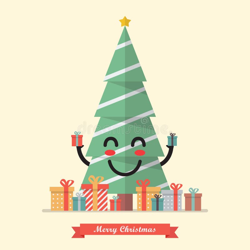 Merry Christmas with happy christmas tree character