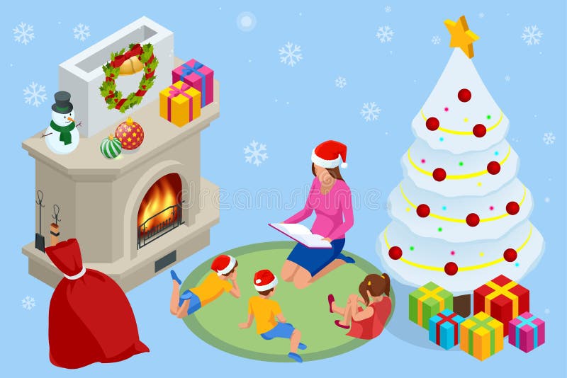 Merry Christmas and Happy Holidays concept. Mom reading a book to children near Christmas tree indoors.