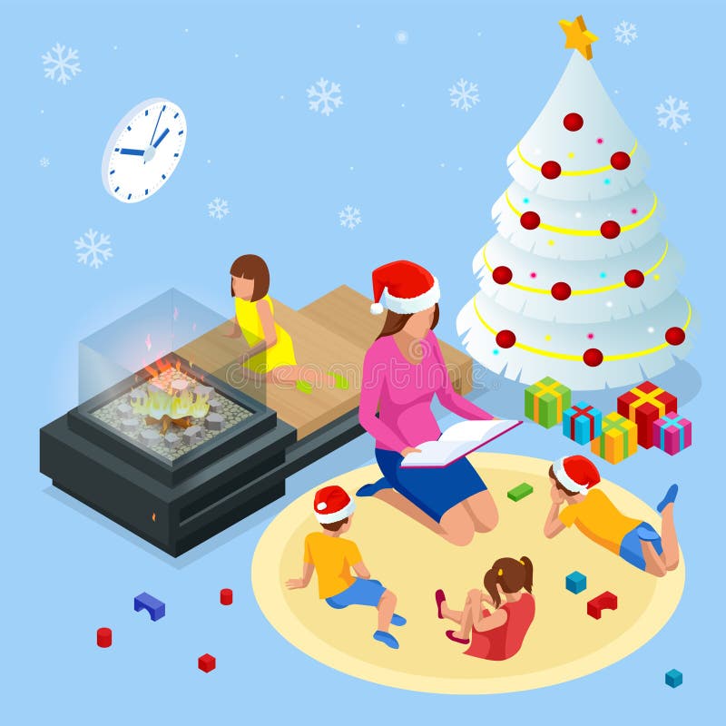 Merry Christmas and Happy Holidays concept. Mom reading a book to children near Christmas tree indoors.