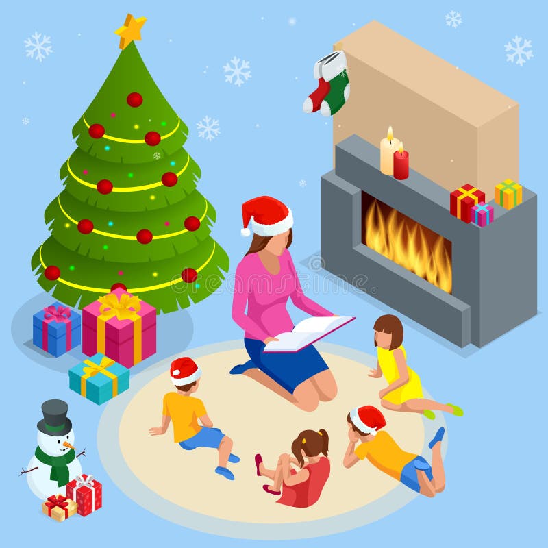 Merry Christmas and Happy Holidays concept. Mom reading a book to children near Christmas tree indoors.