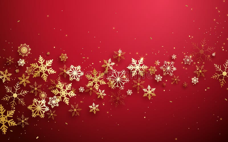 Merry Christmas and Happy new year. Abstract gold snowflakes on red background