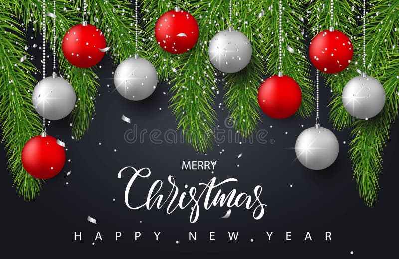 Merry Christmas and Happy New Year background with red and silver balls,tree branches and confetti. Holiday greeting royalty free illustration