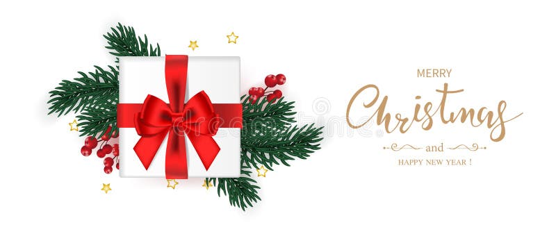 Merry Christmas and Happy new year banner. Gift box decorated with red bow, green pine branches, holly berry and star.